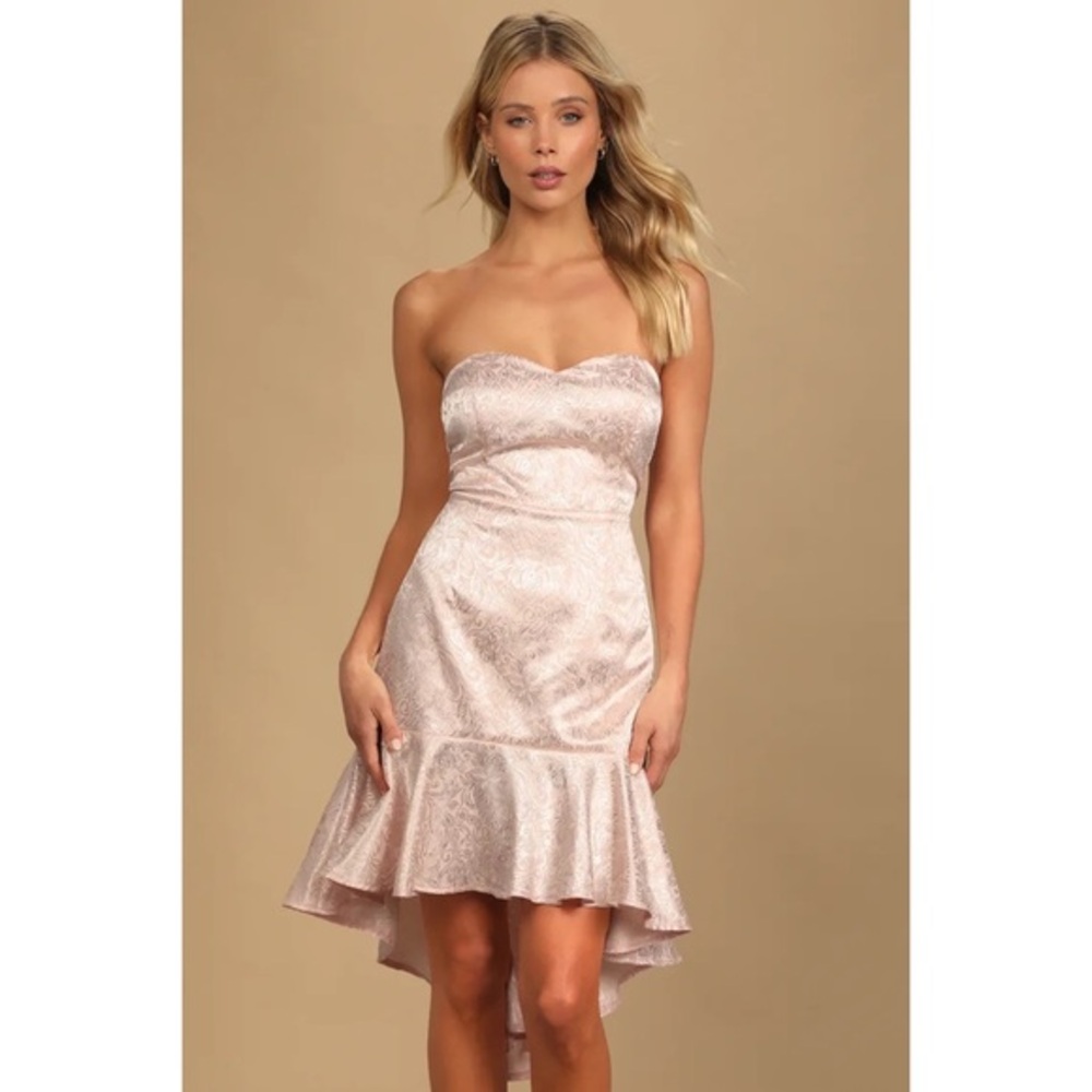 Lulus True Romance Light Pink Floral Satin Jacquard Strapless Dress M